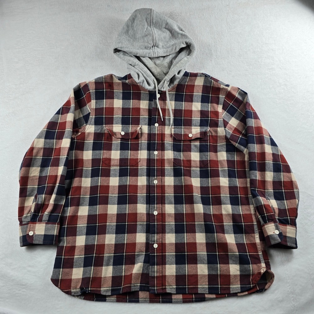 Levis Mens Relaxed Fit Hooded Flannel Shirt XL Red Navy Blue Plaid Button Up